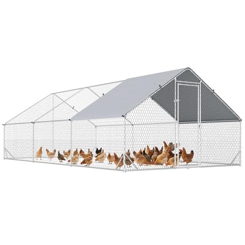 PawHut 9.8' x 19.7' x 6.6' Large Chicken Coop Metal Chicken Run with Waterproof and Anti-UV Cover, Spire Shaped Walk in Fence Cage Hen House for Outdoor and Yard Farm Use, 1" Tube Diameter - size: 118.1"L x 236.2"W x 78.7"H