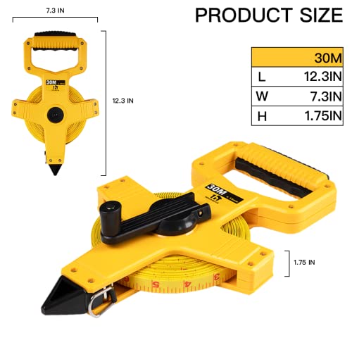 Open Reel Fiberglass Tape Measure, Tape Measure 100 ft by 1/2-Inch, Inch/Metric Scale for Engineer,Outdoor, Athletic Field, Impact Resistant ABS Shell (100FT/30M - size: 30.5 m