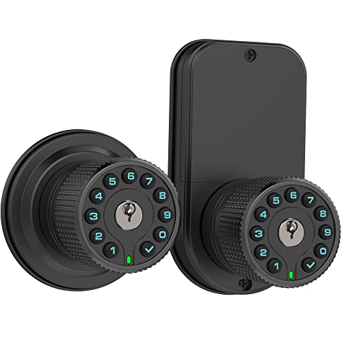 Double Sided Keypad Door Knob with Dual Cylinders and Key Alike, iuknob Keyless Entry Smart Door Lock for Entrance, Fence, Gate, Swimming Pool,Waterproof and Weatherproof for Outdoor & Interior Door.