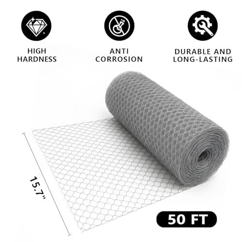 Chicken Wire, 15.7 in x 50 ft Garden Fence, Wire Mesh, Chicken Wires Fencing, Mesh Hexagonal Galvanized Metal Poultry Netting for Chicken Coop Rabbit Dogs Barrier (15.7 in x 50 ft) - size: 15.7 in x 50 ft