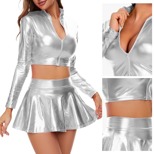Kepblom Women's Metallic Crop Top Long Sleeve Mock Neck Turtleneck Holographic Zip Up Blouses - color: Silver, size: X-Small