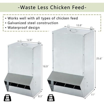 30lbs Capacity Galvanized Chicken Feeder,Outdoor Poultry Feeder with Weatherproof Lid,Hanging Chicken Feeder, Coop Food Dispenser