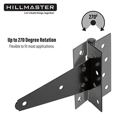 HILLMASTER 6 Inch T-Strap Heavy Duty Shed Door Hinges Gate Strap Hinges Black Tee Hinge Wrought Hardware for Wooden Fences,Yard,Barn Door,Rustproof (4 Pack) - size: 6in 4Pack