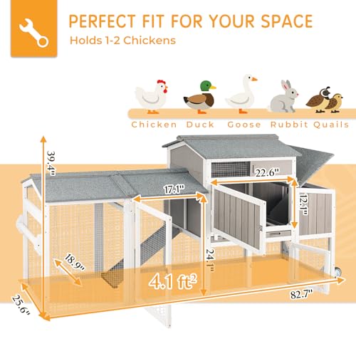 Chicken Coop with Run, Weatherproof Mobile Chicken Tractor Hen House with Wheels, Nesting Box, Roosting Bars, Pull-Out Tray, Asphalt Waterproof Roof & Fun Swing for Chickens Quails Gray - color: Grey