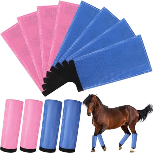 Set of 8 Mesh Fly Boots for Horse Breathable Mesh Horse Boots Protective Loose Wraps Adjustable for Preventing Legs Reduces Flies and Mosquitoes Bites(Blue, Pink,Yearling) - color: Blue, Pink, size: Yearling