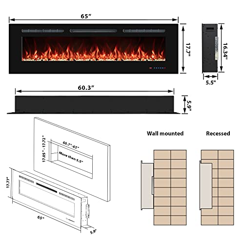 65 Inch Electric Fireplaces Inserts, Recessed & Wall-Mounted Fireplace Heater with Thermostat, Multicolor Flames,Timer, Log & Crystal, 750/1500W Black - size: 65 inch