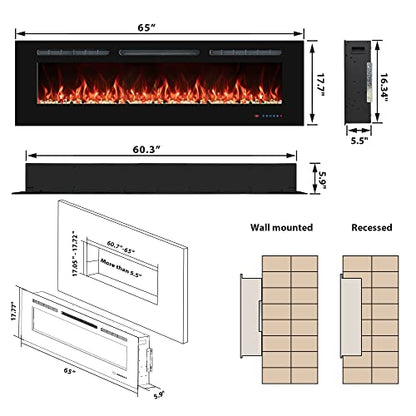 65 Inch Electric Fireplaces Inserts, Recessed & Wall-Mounted Fireplace Heater with Thermostat, Multicolor Flames,Timer, Log & Crystal, 750/1500W Black - size: 65 inch