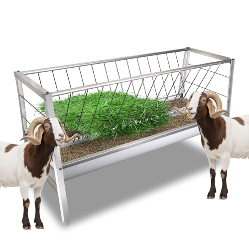 Goat Feeder 77 Gallon Large Capacity with Dual Function and 2 Trays, Hay Feeders Sturdy Material for Long-Lasting Use, Livestock Shelter Easy to Install Feeding Goats Sheeps Cows Horses Deer