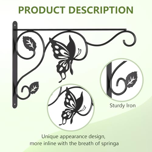2 Pack Heavy Duty Plant Hooks for Hanging - 12 Inch Metal Wall Hangers Indoor/Outdoor, Sturdy Plant Bracket for Bird Feeders, Planters, Lanterns, Wind Chimes - Patio, Garden, Home Decor (Black) - style: 2-Pack Butterfly