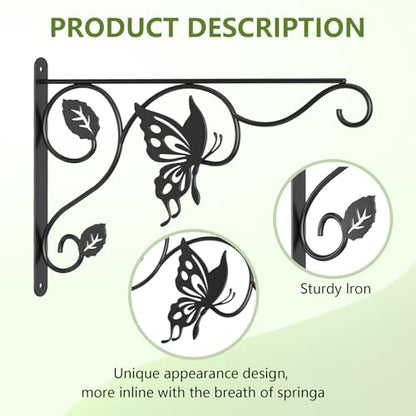 2 Pack Heavy Duty Plant Hooks for Hanging - 12 Inch Metal Wall Hangers Indoor/Outdoor, Sturdy Plant Bracket for Bird Feeders, Planters, Lanterns, Wind Chimes - Patio, Garden, Home Decor (Black) - style: 2-Pack Butterfly