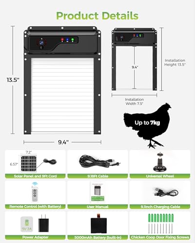 WiFi Automatic Chicken Coop Door, 13" x 9" with App & Remote Control, 1080P HD Camera, 5000mAh Battery, Timer, Anti-Pinch Protection & Security Alarm, Solar Powered or USB Charging