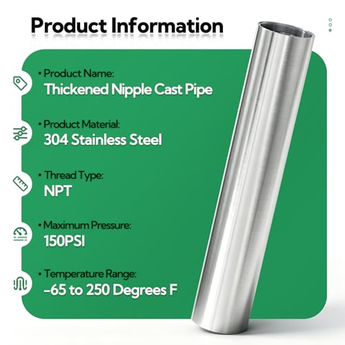 TAISHER 1PCS Stainless Steel Pipe Fittings, 2" NPT Female x 2" NPT Female Threaded, 12" Length Nipple Cast Pipe - size: 2" FNPT 1pcs