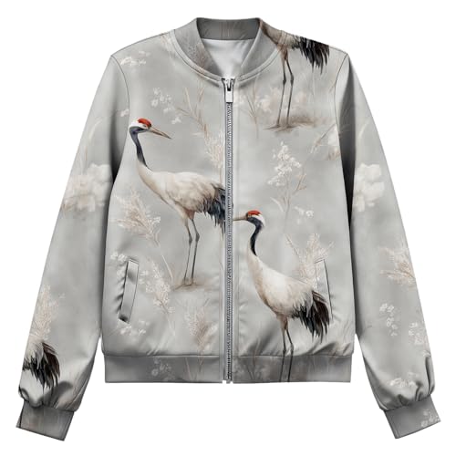 Vintage Fall/Winter Casual Animal Print Graphic Coat Women's Basic Crew Neck Long Sleeve Fashion Bomber Jacket - color: Bird Gray, size: Large