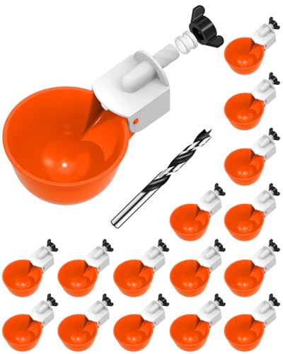 Chicken Waterer Cups (16 Pack) with 3/8" Drill Bit - Orange | Automatic Poultry Drinker Feeder Kit for Chickens, Ducks, Turkeys, Quail, Bunnies | DIY Gravity Fed Bucket Water Dispenser - color: Orange, size: 16 Pack + Drill bit