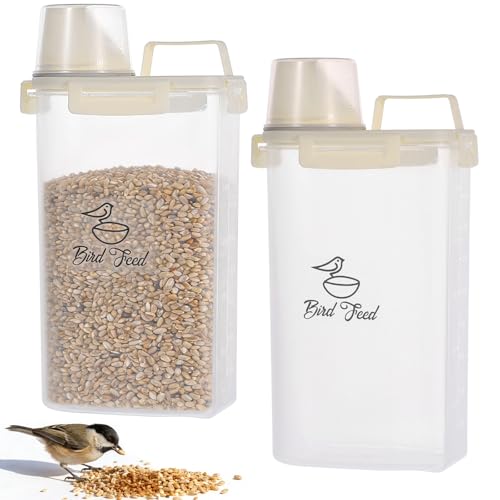 2 Pcs 3.17 Qt/3 L Bird Seed Storage Container Airtight- Portable Plastic Pet Food Container with Measuring Cup, Clear Wild Bird Seed Dispenser for Birds Pets Food Chicken Seed Storage, BPA Free