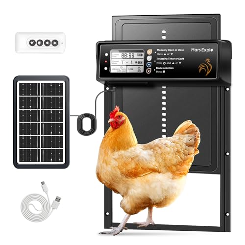 Solar Powered Automatic Chicken Coop Door, LCD Display, Timer & Light Sensor, 20-m Remote Control,Electirc Door,4 Modes, USB Rechargeable Battery, Black - color: Black