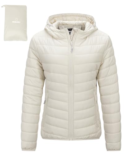 Outdoor Ventures Women's Packable Lightweight Full-Zip Puffer Jacket with Hood Quilted Winter Coat - color: Beige(fold in Pocket), size: XX-Large