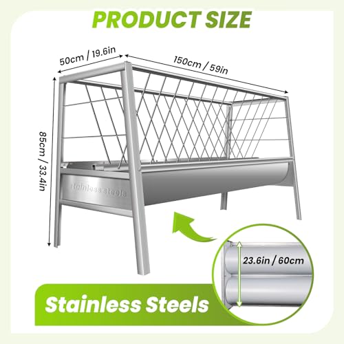 Stainless Steel Livestock Hay Feeder 85 Gallon, 2-in-1 Heavy Duty Feed Trough for Goats, Sheep, Miniature Horses, Rust-Proof Pasture Rack, Minimizes Waste