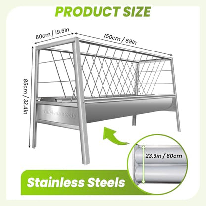 Stainless Steel Livestock Hay Feeder 85 Gallon, 2-in-1 Heavy Duty Feed Trough for Goats, Sheep, Miniature Horses, Rust-Proof Pasture Rack, Minimizes Waste