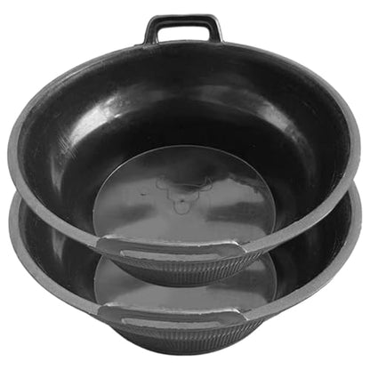 2-Pack 15.4 Inch Thick Rubber Feed Pan with Handle, Stackable Animal Feeding Buckets for Horses, Goats, Chickens, Livestock Feed Bowl, & Heavy Duty