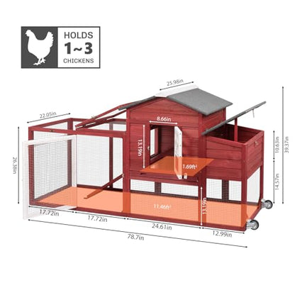 PetsCosset 79" Wooden Chicken Coop Rabbit Cage with Nesting Box, Waterproof Roof, Removable Tray, Combinable - color: Hen house-Red, size: 75.0"L x 26.0"W x 39.0"H