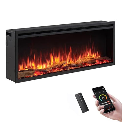 LegendFlame 50" W Smart Wall Mount & in Wall Recessed Electric Fireplace Insert, Heater 750W/1500W, Multi Colors of Flame & Fuel Bed, Alexa/Google Assistant Enabled - size: 50" DEEP