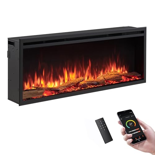 LegendFlame 50" W Smart Wall Mount & in Wall Recessed Electric Fireplace Insert, Heater 750W/1500W, Multi Colors of Flame & Fuel Bed, Alexa/Google Assistant Enabled - size: 50" DEEP