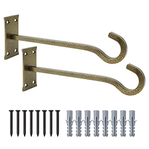 QIEGL 10" Heavy Duty Wall Plant Hanger, 2 Pack Gold Hammertone | Rustproof, holds 35 lbs, mount for garden patio porch indoor outdoor, fits bird feeders lanterns flower pots wind chimes - color: Gold Hammertone, size: 10in Steel Heavy Duty