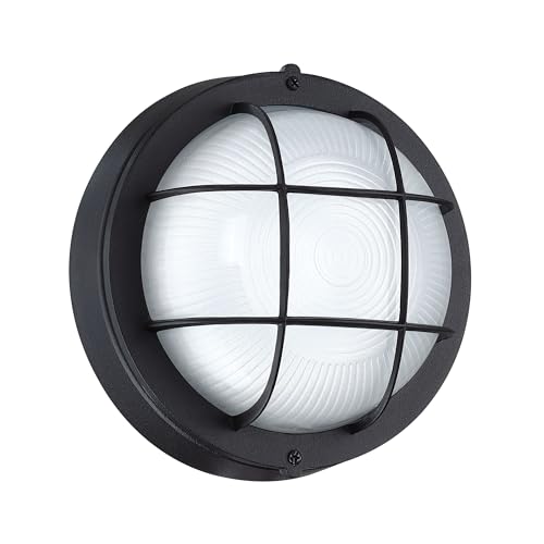 Round Bulkhead Light, Outdoor LED Nautical and Sauna Lamp | Dimmable, 8.0 Inch 1500 Lumen 5000K, Aluminum, Glass, Water-proof Wall Lantern Light for Patio, Porch, Garage, Black, 1-Pack - color: 5000K Black, size: 1pk-round