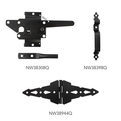 Wood Fence Gate Hardware Kit – Nationwide WI-WWGK-3H – Includes 3 Hinges, Spring Latch, Handle, Drop Rod & Screws – Black Powder-Coated Finish for Single Swing Wood Gates