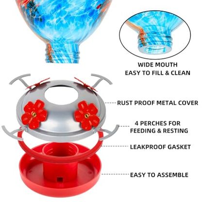 REZIPO Hummingbird Feeder with Perch - Hand Blown Glass - Blue - 38 Fluid Ounces Hummingbird Nectar Capacity Include Hanging Wires and Moat Hook - color: Blue