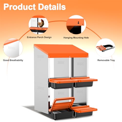 Chicken Nesting Boxes, Metal Roll Away Nest Box for Chickens Laying Egg with Lid Cover to Protect Eggs (4 Holes Orange) - size: 4 Holes