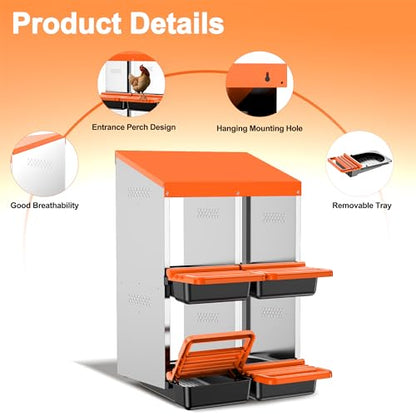 Chicken Nesting Boxes, Metal Roll Away Nest Box for Chickens Laying Egg with Lid Cover to Protect Eggs (4 Holes Orange) - size: 4 Holes