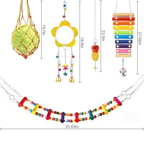 5 Pcs Chicken Toys Set, Chicken Xylophone with Wood Swing Perch Stand, Mirror, Hanging Feeder, Metal Chain for Coop Accessories