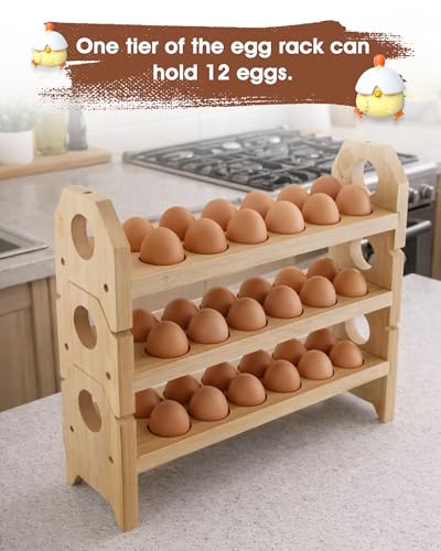 Bamboo Egg Holder Countertop with Silicone Egg Cleaner, 2-Tier Egg Holder for 24 Eggs, Stackable Design for Fresh Eggs, Farmhouse Egg Tray Storage Display Rack，Fits Quail, Duck, Chicken Eggs - color: 2-Tier with egg washer
