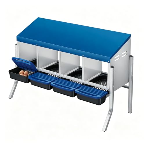 Garvee Heavy Duty Metal Chicken Nesting Box - 4 Compartments, Roll Away Egg Tray - Galvanized Steel, Easy-Clean, Wall Mount or Freestanding for Chicken Coops, Included Bracket, Blue - color: Blue, size: 4 holes with legs