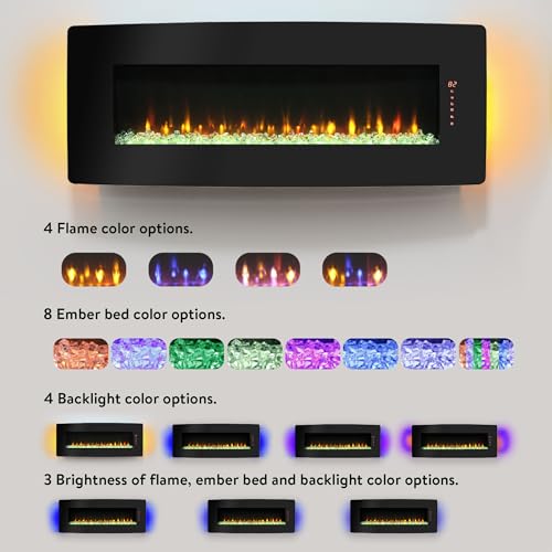 48" Curved Glass Electric Fireplace, Wall Fireplace Electric with Remote Control, 4 Adjustable Flame Colors, Wall Mounted/Freestanding, 1400W Fireplace Heater, Backlight, 3 Media Bed, Timer - size: 48 Inch Standard