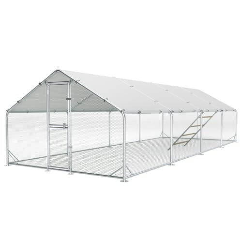 Large Metal Chicken Coop, 10x26x6.5ft Walk in Chicken Runs for Yard with Covers, Outdoor Chicken Pen with Roosting Perch and Split Door, Spire Roof Poultry Cage for Chicken, Duck - color: Spire Top, size: 10x26FT