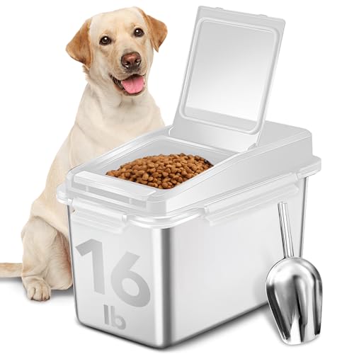 Newget Dog Food Storage Container Stainless Steel with Scoop, 16-lb/11-lb Airtight Metal Pet Food Storage Bin, Cat Food Container for Dry Dog, Cat Food, Bird Seed, Keep Food Fresh, White - color: B-White
