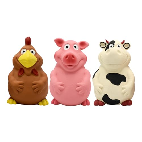 3-Pack Latex Squeaky Dog Toys (Cow, Pig, Chicken) | Big Belly Chew Toys with Noise-Maker | Natural Rubber Pet Toys for Small, Medium & Large Dogs