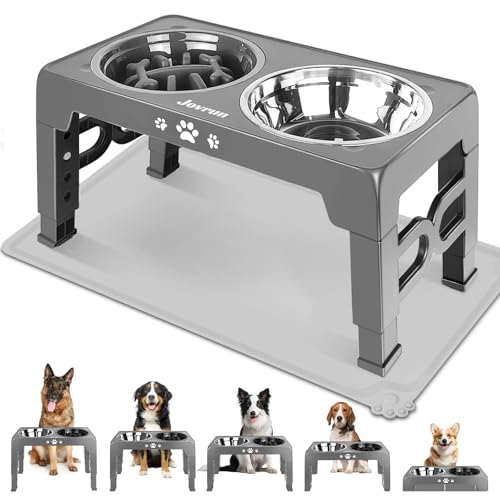 Jovrun Elevated Dog Bowls for Medium Large Dogs with Mat, Non-Slip Dog Feeder with 1*Stainless Steel Dishes & 1*Slow Feeder Bowl, 5 Heights Adjustable Raised Bowls for 3.15″-8.66″-9.84″-11.02″-12.2″ - color: Grey, size: for Medium Large Dogs 1 Basic&1Slow