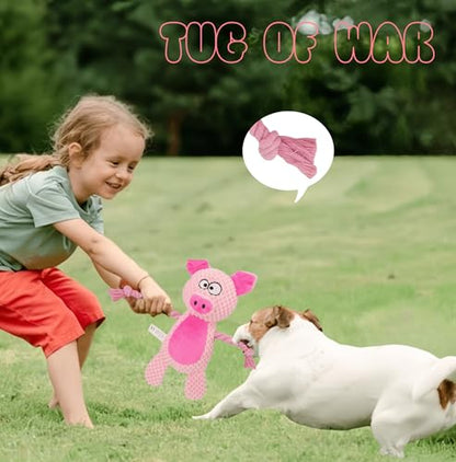 Cotton Rope Squeaky Dog Toy with Crinkle Paper – Interactive Plush Chew Toy for Small & Medium Puppies, Pig Design - color: Pink