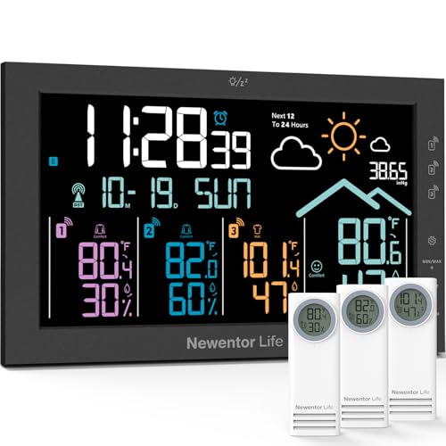 Newentor Weather Station Wireless Indoor Outdoor Thermometer, Home Weather Stations Digital Large Display, Atomic Clock with Multiple Sensors, Weather Forecast Temperature Humidity Barometer, Black - color: Black