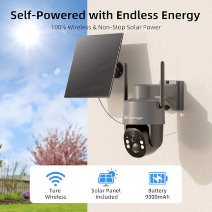 Techage 4G LTE Cellular Solar Security Camera Wireless Outdoor, 2.5K NO WiFi Security Camera with Color Night Vision, 360° PTZ Live View, PIR Motion Detection, 2 Way Talk, 64GB Card Built-in SIM Card - color: Grey-CQ1SG-64GB
