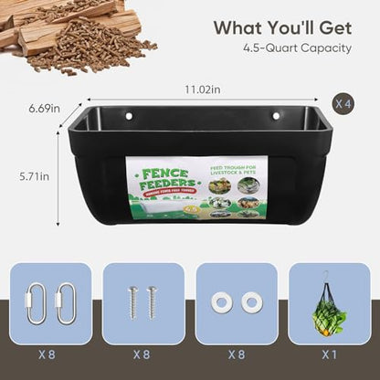 4 Pack Goat Feeders Hanging, Chicken Feeder, Rabbit Feeders, with Clips Hanging Fence Feeders, 4.5 Quart Feed Buckets for Horses, Duck Feeder, Chicken Water Feeder, Poultry Feeding Trough - color: black