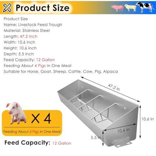 Poultry Trough Feeder for Cattle/Goat/Pig 4 to 6 7-Compartment Livestock Feeding Trough Heavy Duty Stainless Steel Sheep Pens/Swine Farms/Horse Stables Feed Slots - size: 3.9 ft Long/4 Bits