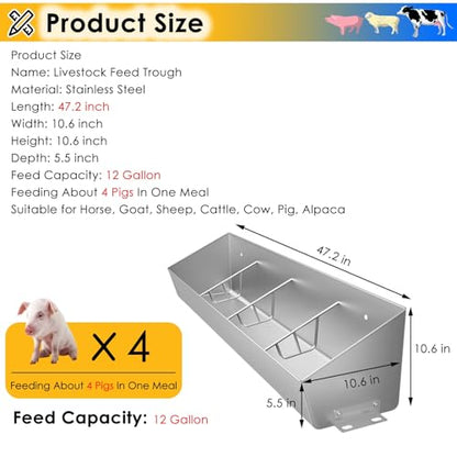 Poultry Trough Feeder for Cattle/Goat/Pig 4 to 6 7-Compartment Livestock Feeding Trough Heavy Duty Stainless Steel Sheep Pens/Swine Farms/Horse Stables Feed Slots - size: 3.9 ft Long/4 Bits