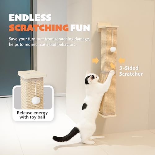 PETKARAY Wall Mounted Cat Scratcher, 30" Large Sisal Cat Scratcher for Wall, Square Sisal Cat Scratching Post with Toy Ball - size: Wall Post