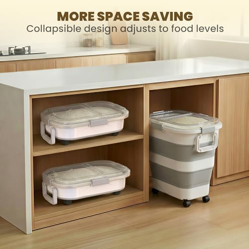 25-35Lbs Rice Container,Collapsible Food Storage Containers with Transparent Airtight Lid,Wheels,Rice Storage Container with Small Bin and Scoop,Rice Dispenser for Flour Sugar Cereal Grain Dog Cat - color: Clear/25-35lbs
