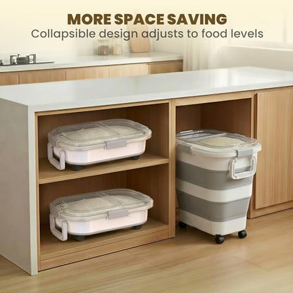 25-35Lbs Rice Container,Collapsible Food Storage Containers with Transparent Airtight Lid,Wheels,Rice Storage Container with Small Bin and Scoop,Rice Dispenser for Flour Sugar Cereal Grain Dog Cat - color: Clear/25-35lbs